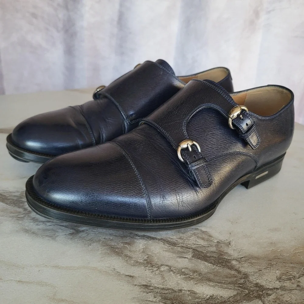 Gucci Monk Strap Shoes Mens US Size 11 Blue Leather Double Buckle Dress 322478